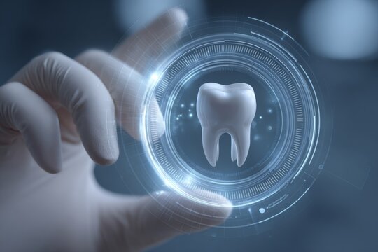 Dental health concept showcasing a tooth in a futuristic circular interface held by a gloved hand, representing innovation.