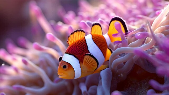 鮮やかなクマノミがイソギンチャクに潜む姿