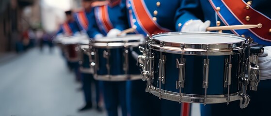 Fototapeta premium Marching Band Performers with Snare Drums on City Street