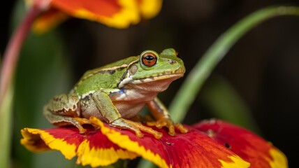 Obraz premium Vibrant green tree frog with striking orange eyes rests on a red and yellow flower petal