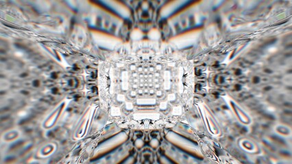 Symmetrical crystal tunnel with kaleidoscopic refraction and RGB dispersion. Abstract futuristic background with glass texture and prismatic optical distortion.