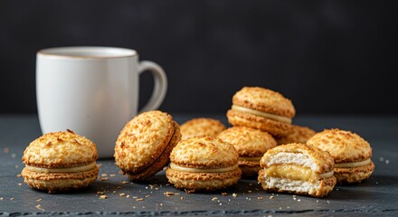 A stack of coconut macarons with a white mug on a dark surface against a dark background