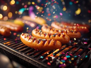 Grilled Sausages on BBQ with Colorful Confetti and Party Atmosphere