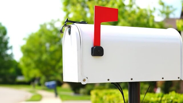 White mailbox with a red flag raised, set against a green, leafy background