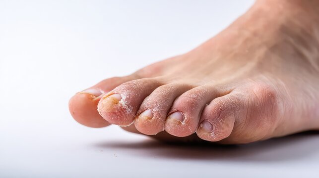 Close-up of human foot with fungal infection showing red and peeling skin, isolated on white background. Medical condition, dermatology, podiatry and healthcare concept.