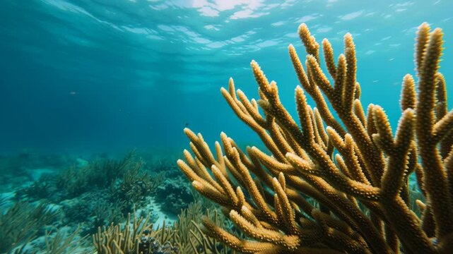 Colorful coral reef with branching coral structures and vibrant marine life clear blue ocean water showcasing diverse underwater aquatic plants