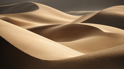 Rolling desert sand dunes appear soft and inviting, light gently caressing every curve and line, creating scene of tranquility and peace