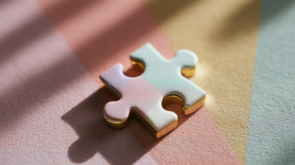 Jigsaw puzzle piece seems lonely against vibrant background, casting shadow with light and dark lines, creating compelling visual narrative
