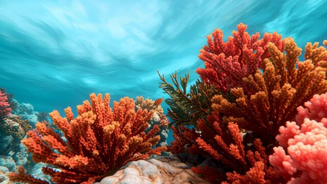 Vibrant coral reef with colorful coral formations and small fish swimming clear blue ocean water, showcasing lively underwater marine biodiversity