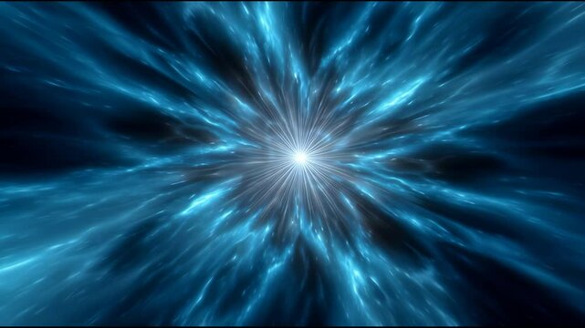 Blue light burst with glowing rays and dynamic energy radiating from bright center, creating vibrant abstract background full of motion, depth, and dynamic cosmic energy effects