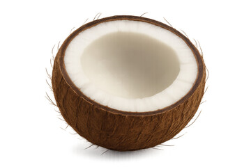 Halved ripe coconut displaying creamy white interior, transparent backdrop emphasizing exotic tropical freshness