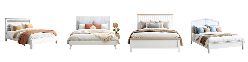 Collection of Stylish Beds Isolated on White Background. Interior Design Elements.