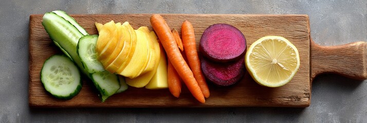 Colorful fresh produce including cucumber. Mango. Carrots. Beets. And lemon arranged neatly on a rustic wooden cutting board. Suggesting healthy eating habits and preparation for juicing or smoothies