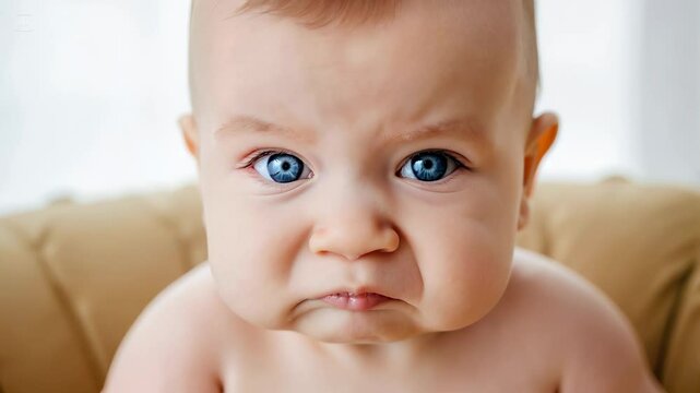 Baby Reaction Emotion: Unhappy Infant grimacing, frowning, making funny face expression, showing childhood. Baby Reaction concept.  4K video