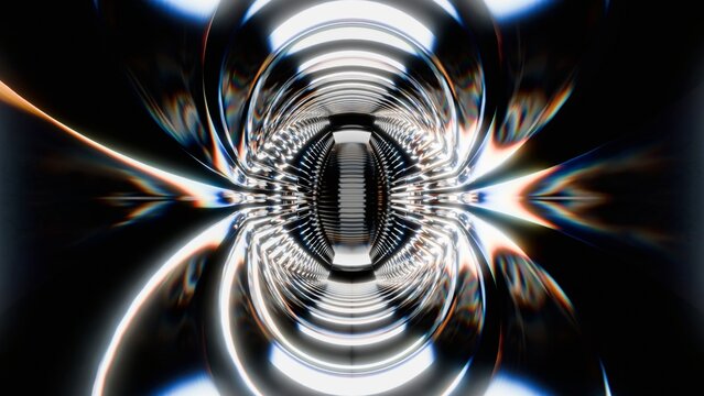 Radial 3D render of a tunnel with reflective chrome and glass materials, centered around a glowing lens. Light bends and refracts in a symmetrical, futuristic digital composition.