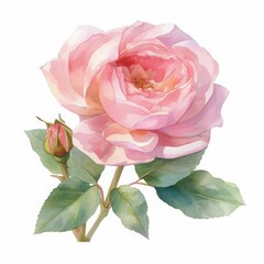 Delicate Pink Rose: A vibrant, hand-painted depiction of a pink rose in full bloom, complemented by a delicate bud and verdant leaves, exuding elegance and natural beauty.