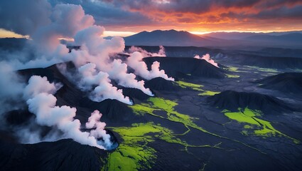 Volcanic Landscape with Rising Steam Under Colorful Sunset Sky