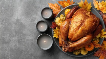 A plate of roasted turkey with candles and fall leaves