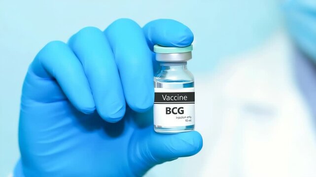 Doctor in protective gloves holding a BCG (tuberculosis) vaccine. Kids vaccine. The concept of medicine, healthcare, science and vaccination awareness