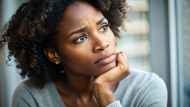 Ai generated image of pensive african american woman looking out the window with a sad expression
