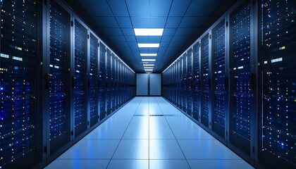 Server rack hallway, illuminated