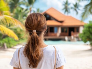 Woman looking at a peaceful tropical villa with elegant architecture and lush surroundings.