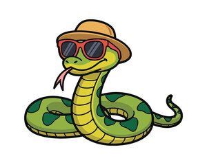 Playful cartoon snake illustration in green with sunglasses and hat – friendly vector reptile design with tongue out, ideal for children’s media, games, or cute animal branding