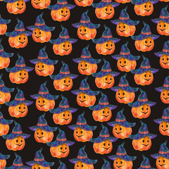 Watercolor seamless pattern with Halloween pumpkin lantern isolated on black. Great for your Halloween design, vintage postcards, packaging, wrapping paper, holiday party, festive textile, wallpaper