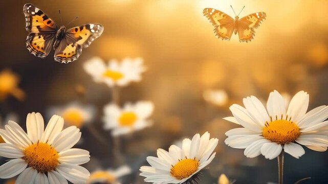 Daisy and Butterfly Bliss: Capture the essence of a tranquil spring day with delicate butterflies flitting around vibrant daisy flowers, bathed in the warm glow of sunlight.