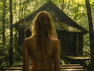 Blonde woman looking at a mysterious forest cabin with rustic allure and dense foliage.