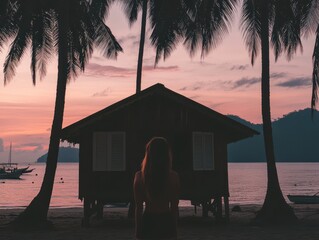 Woman in front of a stunning tropical sunset with rustic beach hut and calm sea.