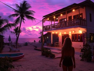 Vibrant tropical dusk with cozy beachside villa and glowing lights.