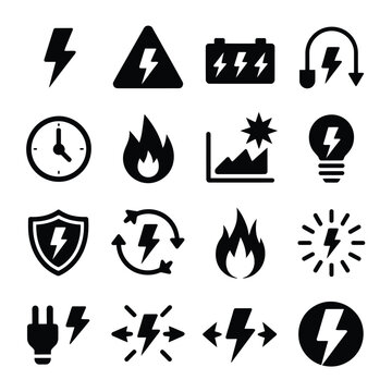 Collection of sixteen black electricity power energy icons symbols set on white background including lightning bolt flash flame fire plug shield battery clock graph lightbulb