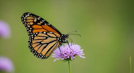 Naklejka premium Monarch Butterfly on Purple Flower in Green Field