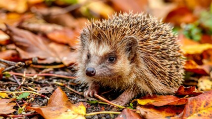 Adorable hedgehog with sharp quills nestled amongst colorful autumn leaves on the forest floor