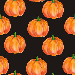 Pumpkin. Watercolor seamless pattern with bright orange pumpkins isolated on black for seasonal packaging, wrapping paper, poster, fabric print, banner, scrapbook, postcards, fall design, farm market