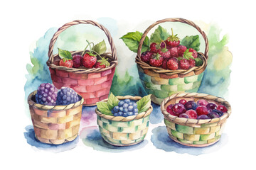set of watercolor Mulberry Basket vector illustration isolated on white background