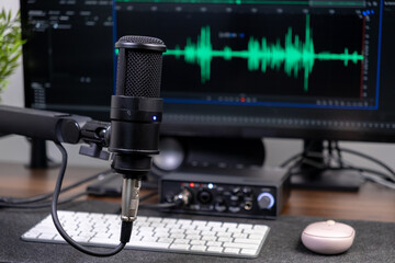 Professional condenser microphone setup for high-quality audio recording, featuring digital waveforms on a computer monitor, ideal for podcasting