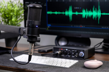 Professional microphone, audio interface, and computer screen with waveform for home studio...