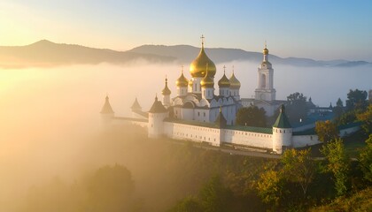 Golden Domes of Monastery in Misty Sunrise.