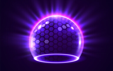 3D transparent sphere protection shield with hexagon pattern and neon glowing elements on dark background. Power energy barrier, force field, protection or defend concept. Vector illustration