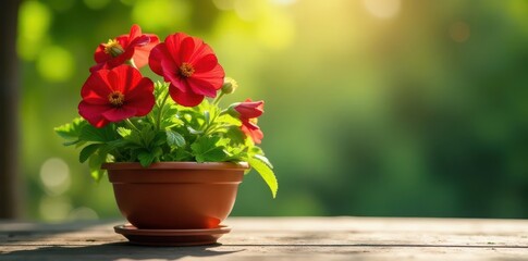 Sunny day highlighting a beautiful red flowered pot with lush greenery , outdoors, garden decor