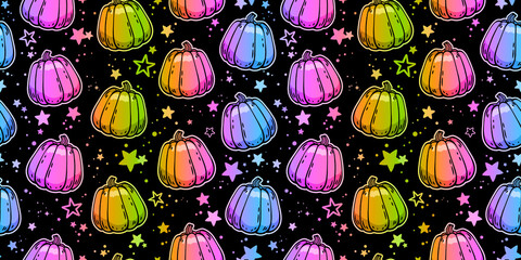 Seamless illustration with bright gradient rainbow pumpkins