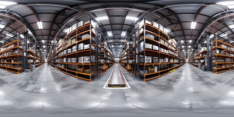 A high-quality, 360-degree photo of an empty warehouse or hangar. It's perfect for virtual reality or augmented reality projects.Warehouse with cardboard boxes inside on pallets racks, logistic .
