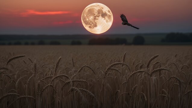 Bird Flying Over Wheat Field with Full Moon and Sunset Sky