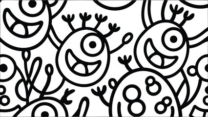 Black and white doodle pattern featuring whimsical cartoon monsters with exaggerated features and expressions