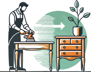 Furniture restoration process depicted with craftsman sanding table and finished dresser illustration