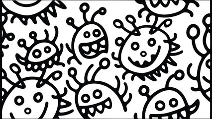 Fototapeta premium Black and white illustration of cartoon monsters with various expressions and antenna like features