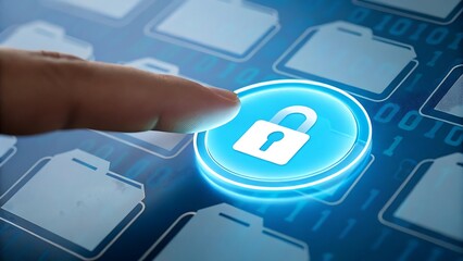 Finger pressing a glowing blue button with a white padlock symbol for digital security