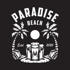 Vintage beach illustration with sunset and beer